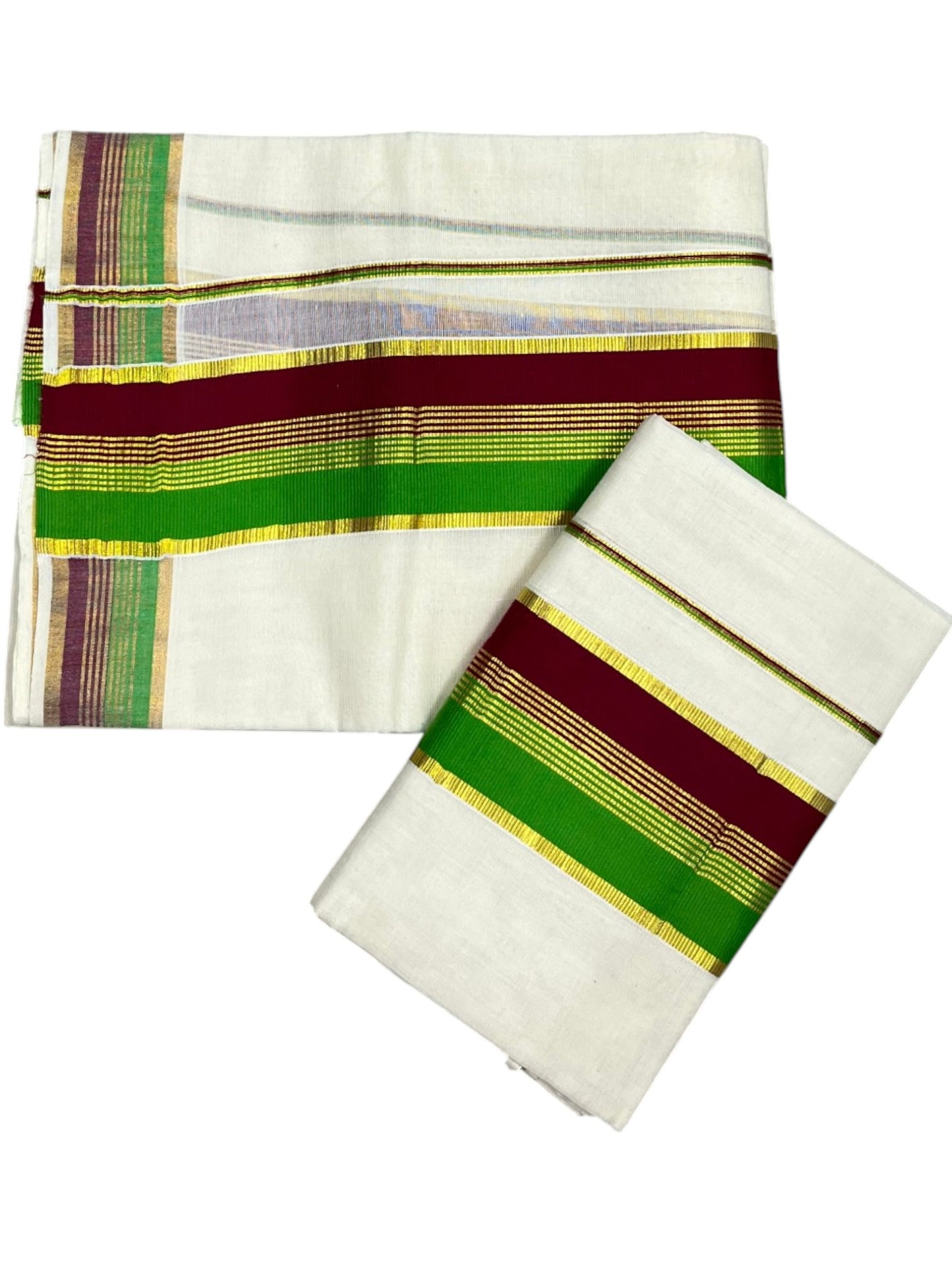 Southloom Kerala Cotton Kasavu Single Set Mundu (Mundum Neriyathum) with Green and Maroon Kasavu Border SLKK
