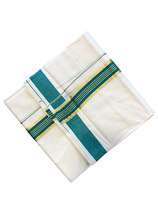 Southloom Kerala Pure Cotton Double Mundu with Gold Lines & Green Border (South Indian Dhoti)