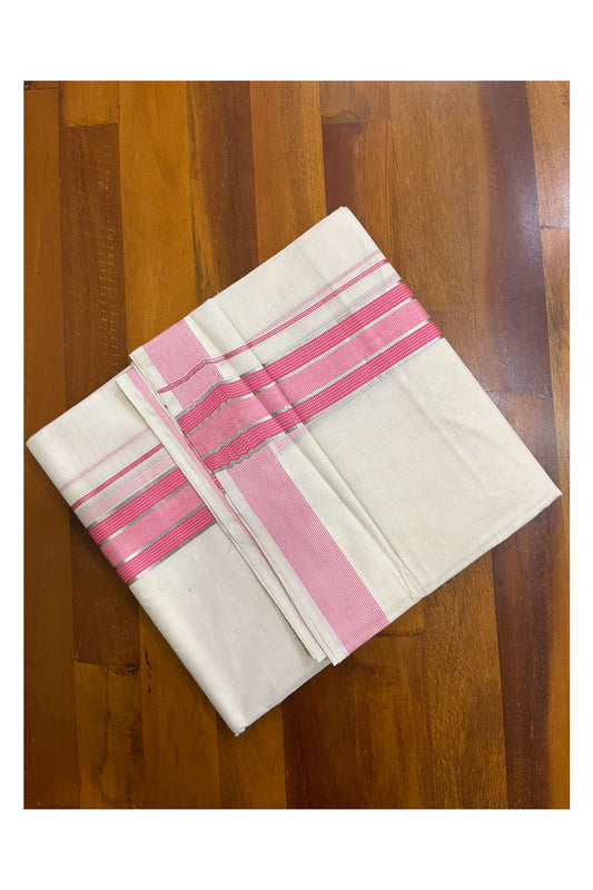 Off White Pure Cotton Double Mundu with Silver Kasavu Lines and Pink Border (South Indian Dhoti)