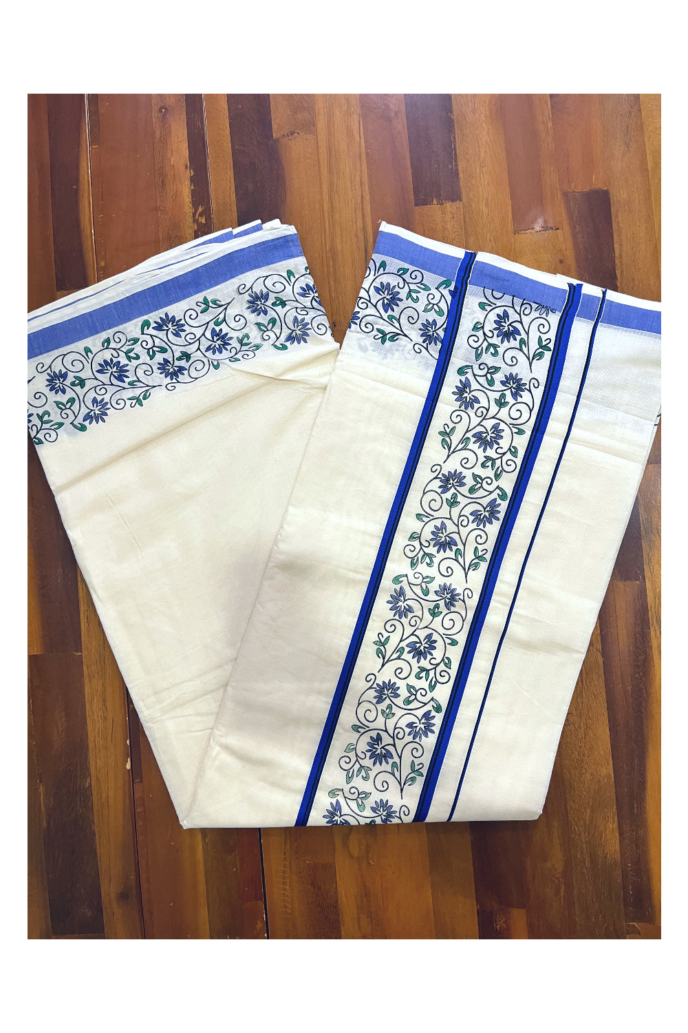 Pure Cotton Kerala Saree with Floral Block Prints and Blue Border