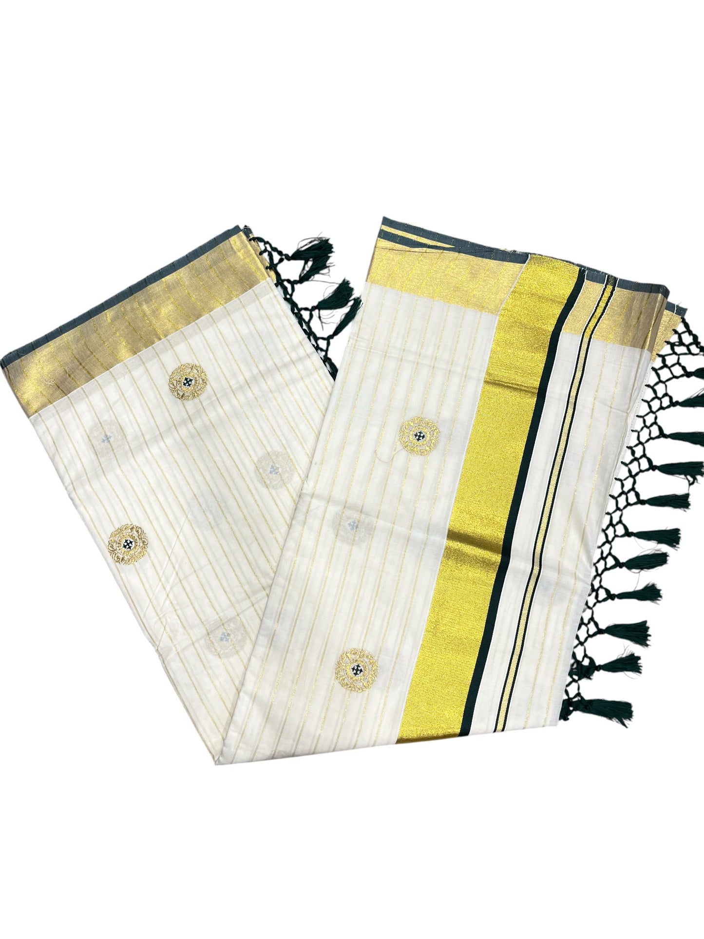 Kerala Cotton Kasavu Stripes Saree with Green Floral Embroidery Design on Body