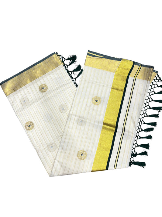 Kerala Cotton Kasavu Stripes Saree with Green Floral Embroidery Design on Body