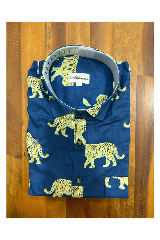Southloom Jaipur Cotton Tiger Hand Block Printed Blue Shirt (Half Sleeves)