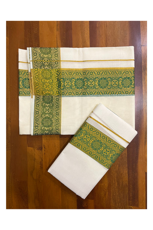 Kerala Pure Cotton Set Mundu Single (Mundum Neriyathum) with Green Block Prints on Kasavu Border