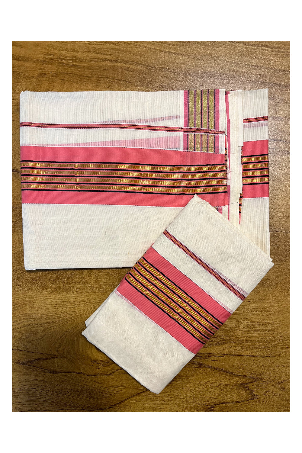 Kerala Cotton Set Mundu (Mundum Neriyathum) with Kasavu and Pink Border