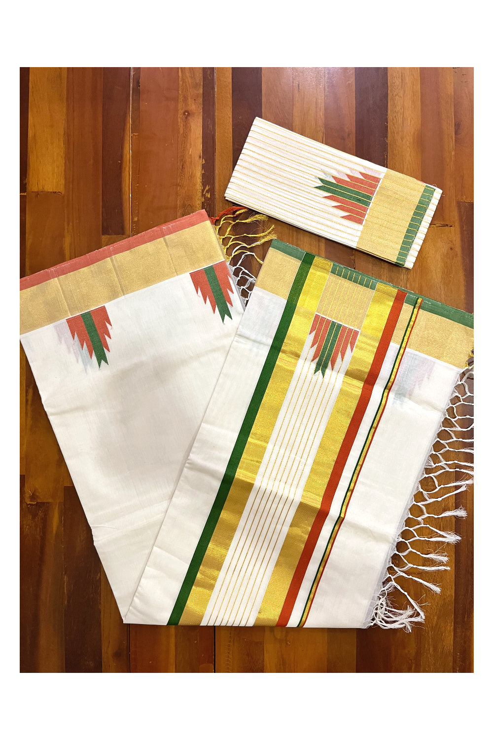 Southloom™ Premium Handloom Cotton Kasavu Saree with Orange Olive Green Temple Woven Border and Stripes Work on Pallu