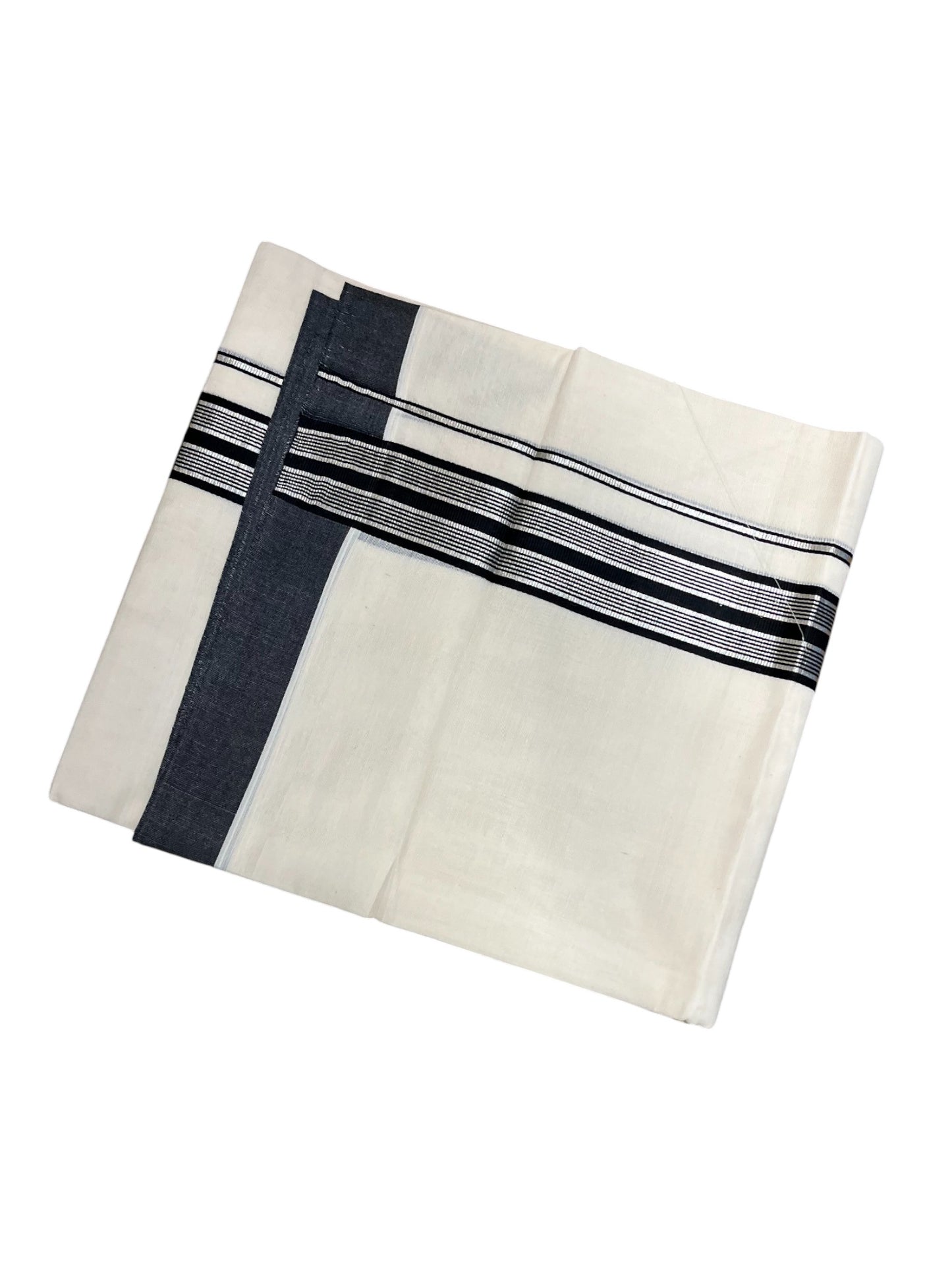 Southloom Pure Cotton  Double Mundu With Silver Line Kasavu & Black Border (South Indian Kerala Dhoti)