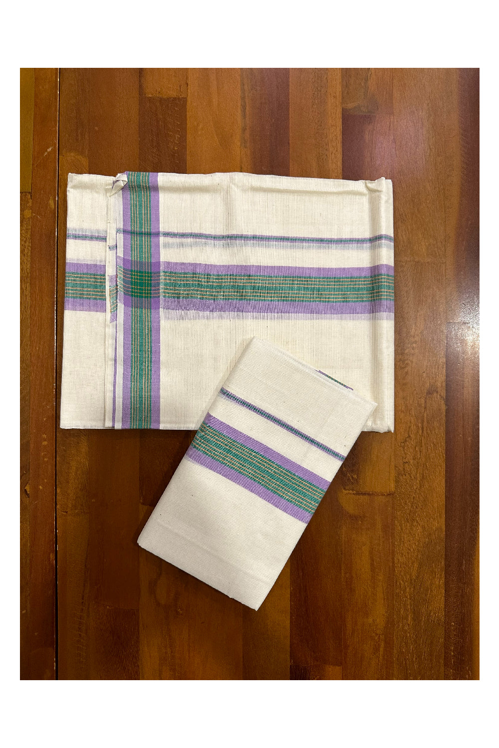 Kerala Mulloth Soft Cotton Mundum Neriyathum Single with Violet and Green Border (Onam Set Mundu 2023)