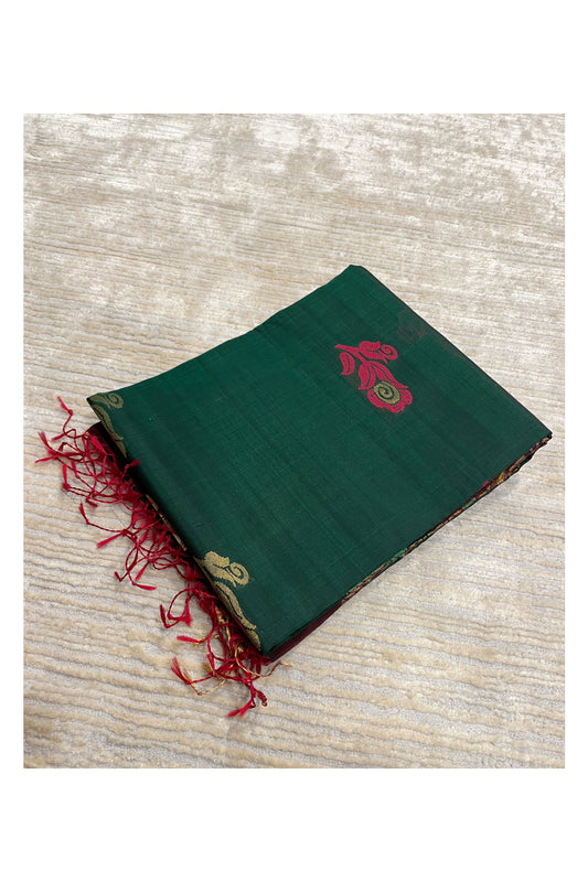 Southloom Pure Handloom Cotton Silk Saree With Handwoven Work Across Body and Blouse in Green And Maroon
