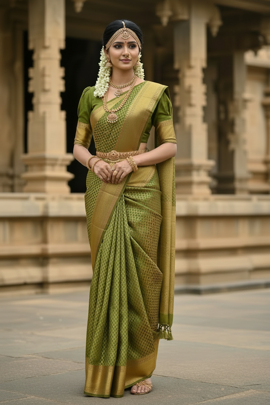 Southloom Brocade Silk Bridal Saree WIth Woven Borders And Blouse Piece