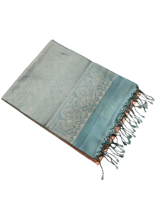 Southloom Pure Handloom Bridal Kanchipuram Silk Saree with Korvai Work (Beige & Blue)