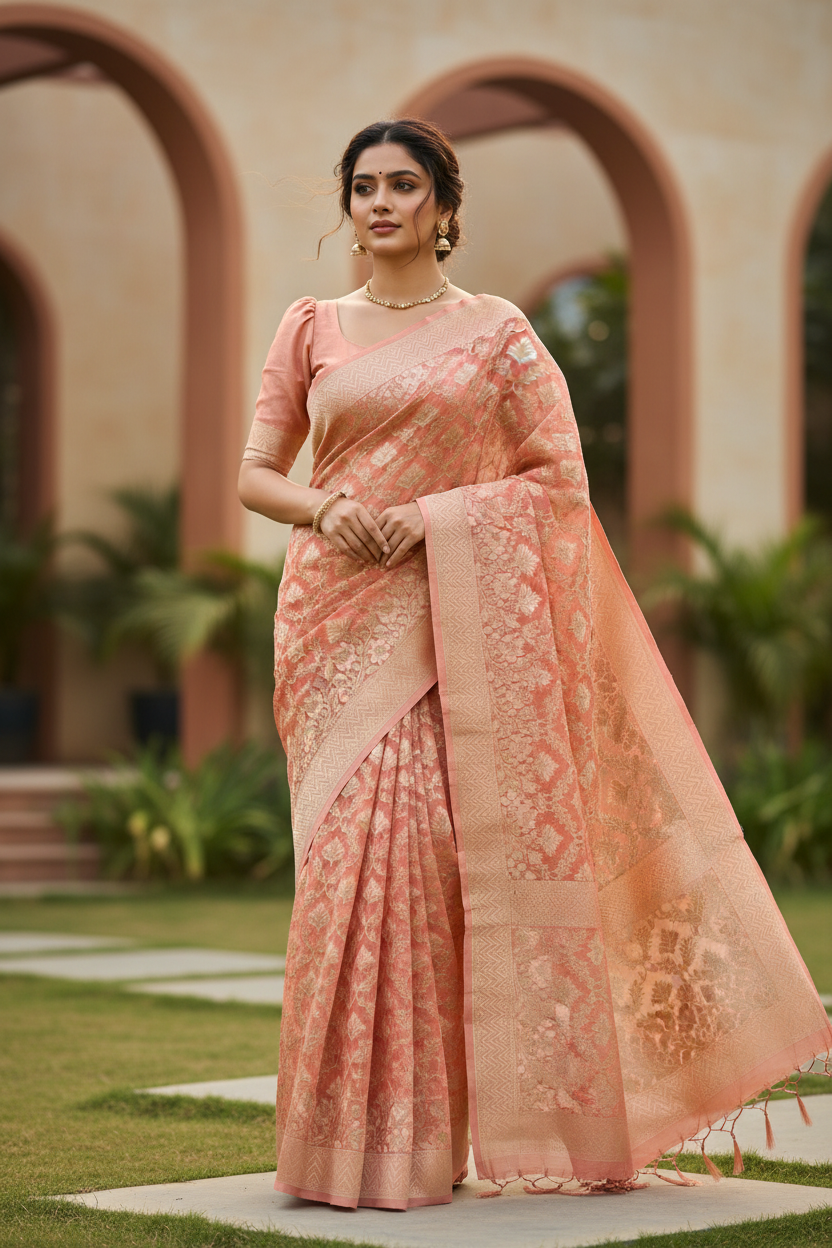Southloom Cotton Banarasi Silk Saree with Woven Work on Body and Borders (Peach)