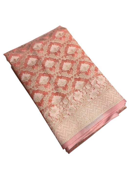 Southloom Cotton Banarasi Silk Saree with Woven Work on Body and Borders (Peach)