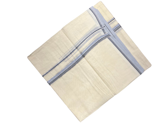 Southloom Pure Cotton Mundu with silver and Light Blue Border (South Indian Kerala Dhoti)