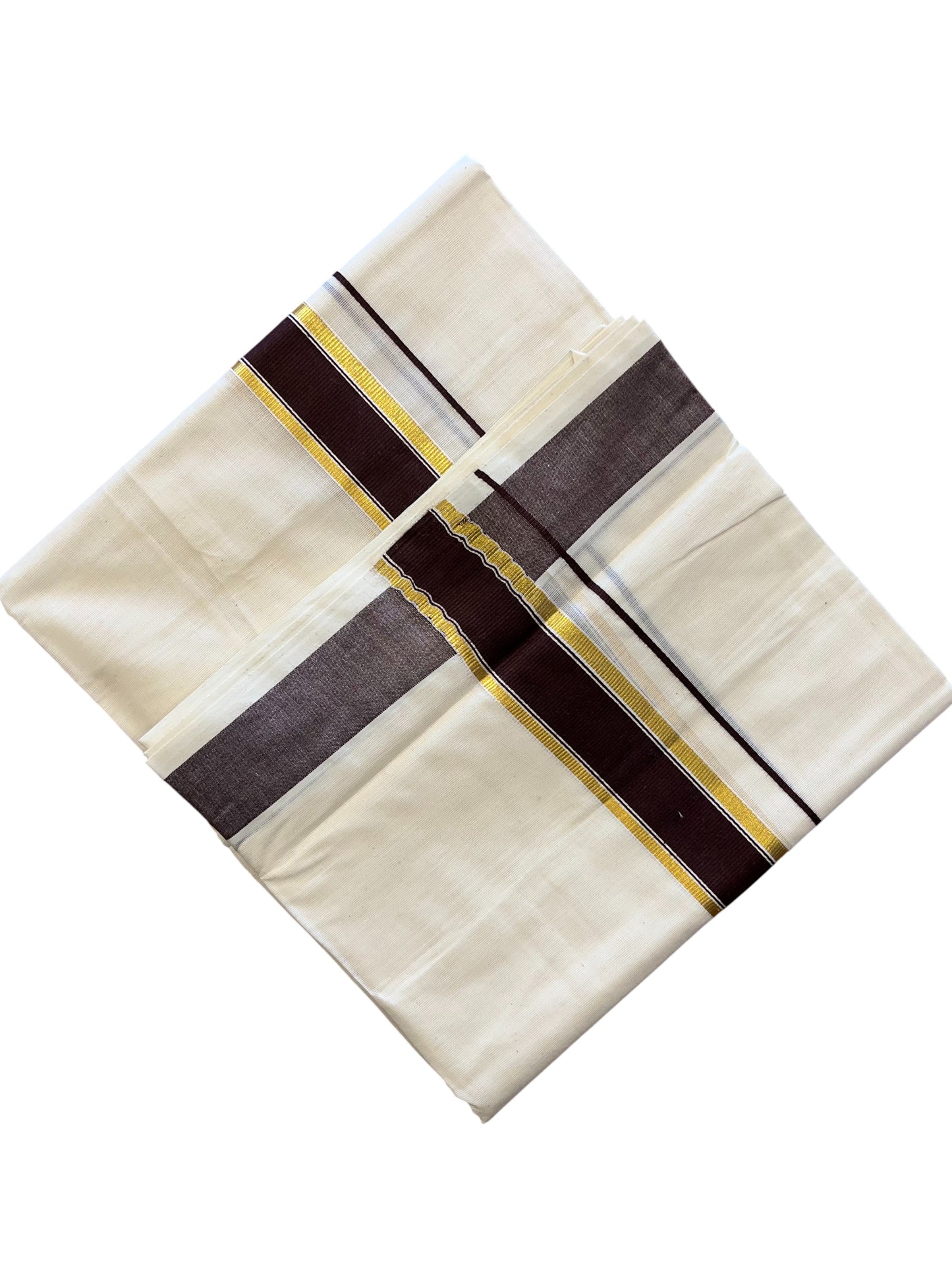 Southloom Pure Cotton Mundu with Gold Kasavu and Brown  Colour Border (South Indian Kerala Dhoti)