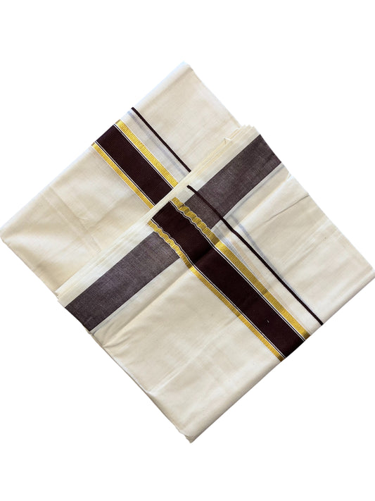 Southloom Pure Cotton Mundu with Gold Kasavu and Brown  Colour Border (South Indian Kerala Dhoti)