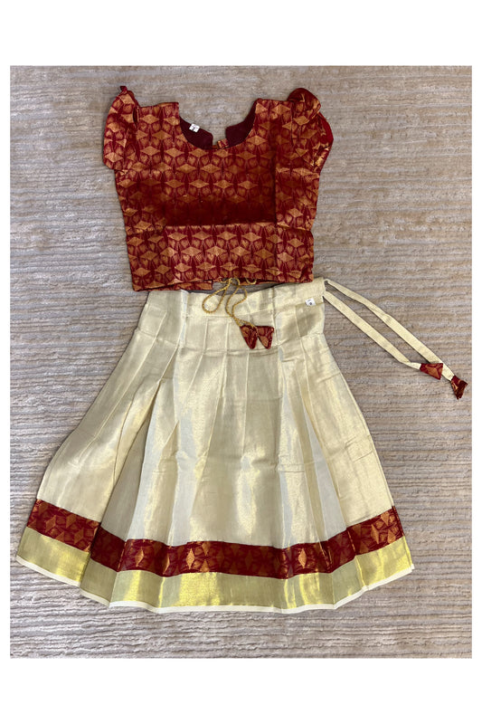 Southloom Kerala Reddish And Tissue Kasave Pavada Blouse with Bead Work for Kids (Age 1 - 10)