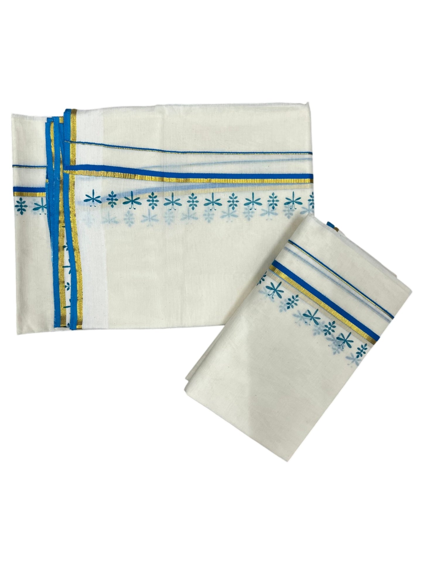 Southloom Pure Cotton Kerala Set Mundu (Mundum Neriyathum) Blue Border in 2.80 mtrs