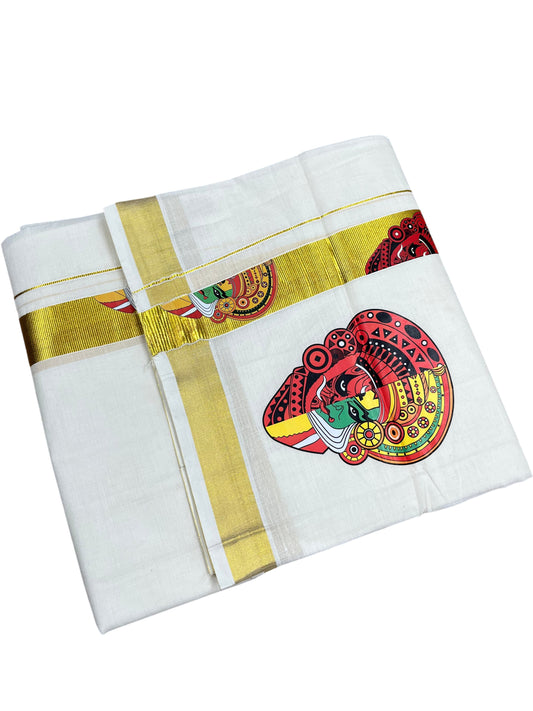 Southloom Kerala Pure Cotton Double Mundu with Kadhakali print and kasavu Border (South Indian Dhoti)