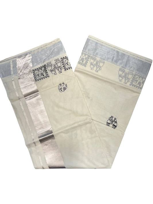 Kerala Cotton Silver Kasavu Saree With Mural Festival Parasol Plain And Black Elephant Design And Embroidery Work