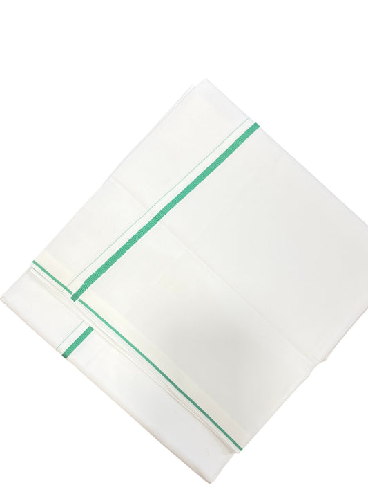 Pure White Cotton Single Mundu with Green PuliyilaKara (South Indian Dhoti)