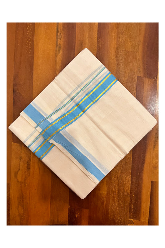 Pure Cotton Mundu with Blue and Kasavu Border (South Indian Kerala Dhoti)