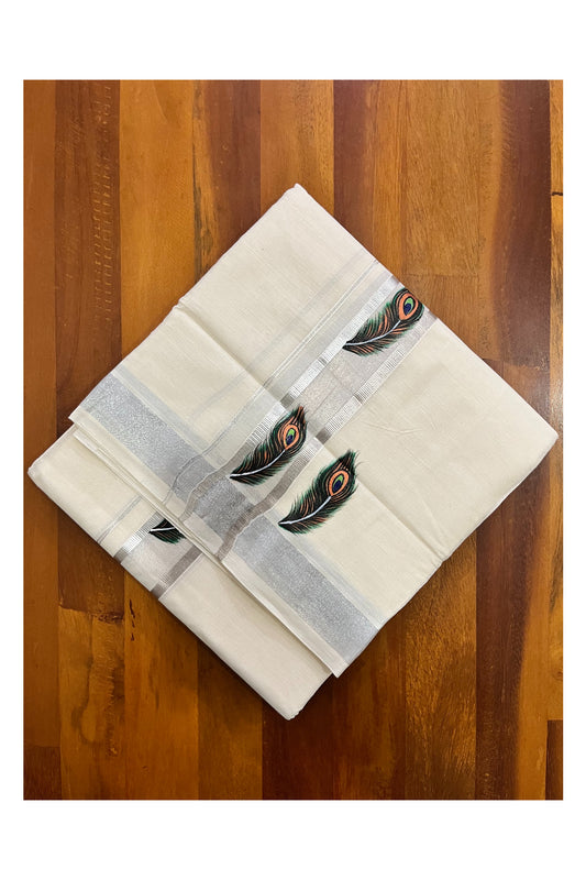 Pure Cotton Kerala Double Mundu with Silver Kasavu Hand Painted Design Border (South Indian Kerala Dhoti)