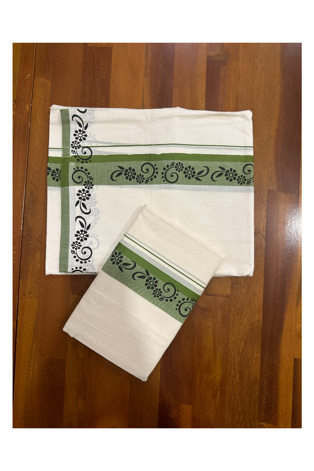 Kerala Cotton Set Mundu (Mundum Neriyathum) with Black Block Prints in Green Border