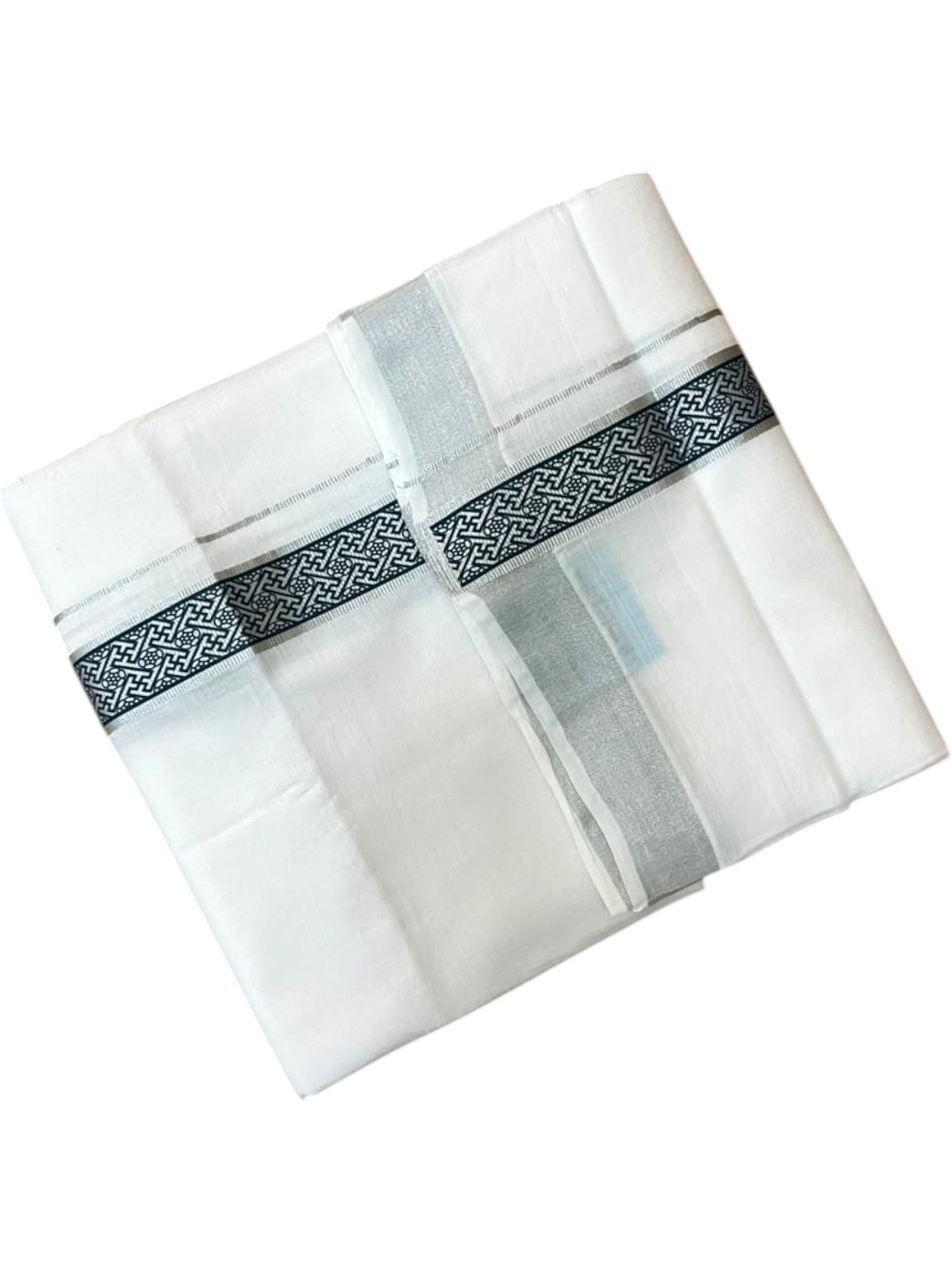 Southloom Pure White Cotton Mundu with Green and Silver Kasavu Border (South Indian Kerala Dhoti)