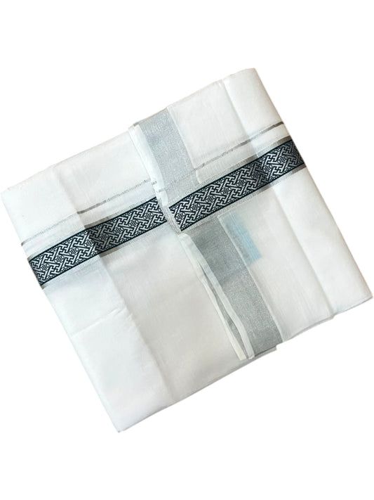 Southloom Pure White Cotton Mundu with Green and Silver Kasavu Border (South Indian Kerala Dhoti)