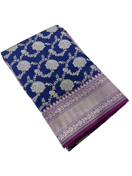 Southloom Pure Banarasi Silk Saree with Woven Work on Body and Borders (Blue And Magenta)