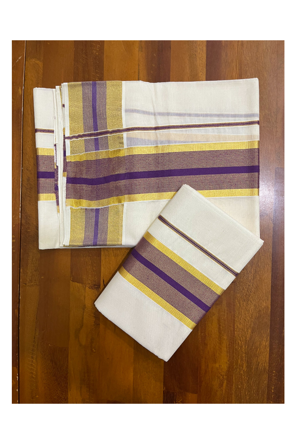 Kerala Cotton Set Mundu (Mundum Neriyathum) with Violet and Kasavu Border 2.80 Mtrs