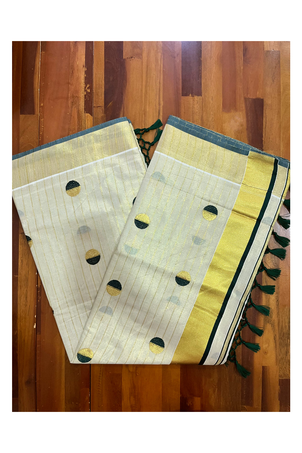 Kerala Tissue Kasavu Saree with Kasavu Lines Across Body and Dark Green Semi Polka Woven Designs