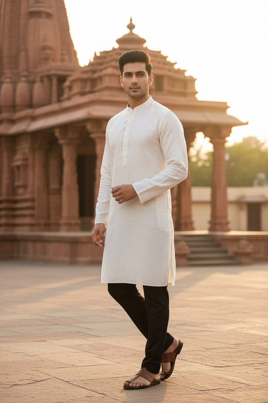 Southloom White Woven Patterns Semi Silk Short Kurta for Men