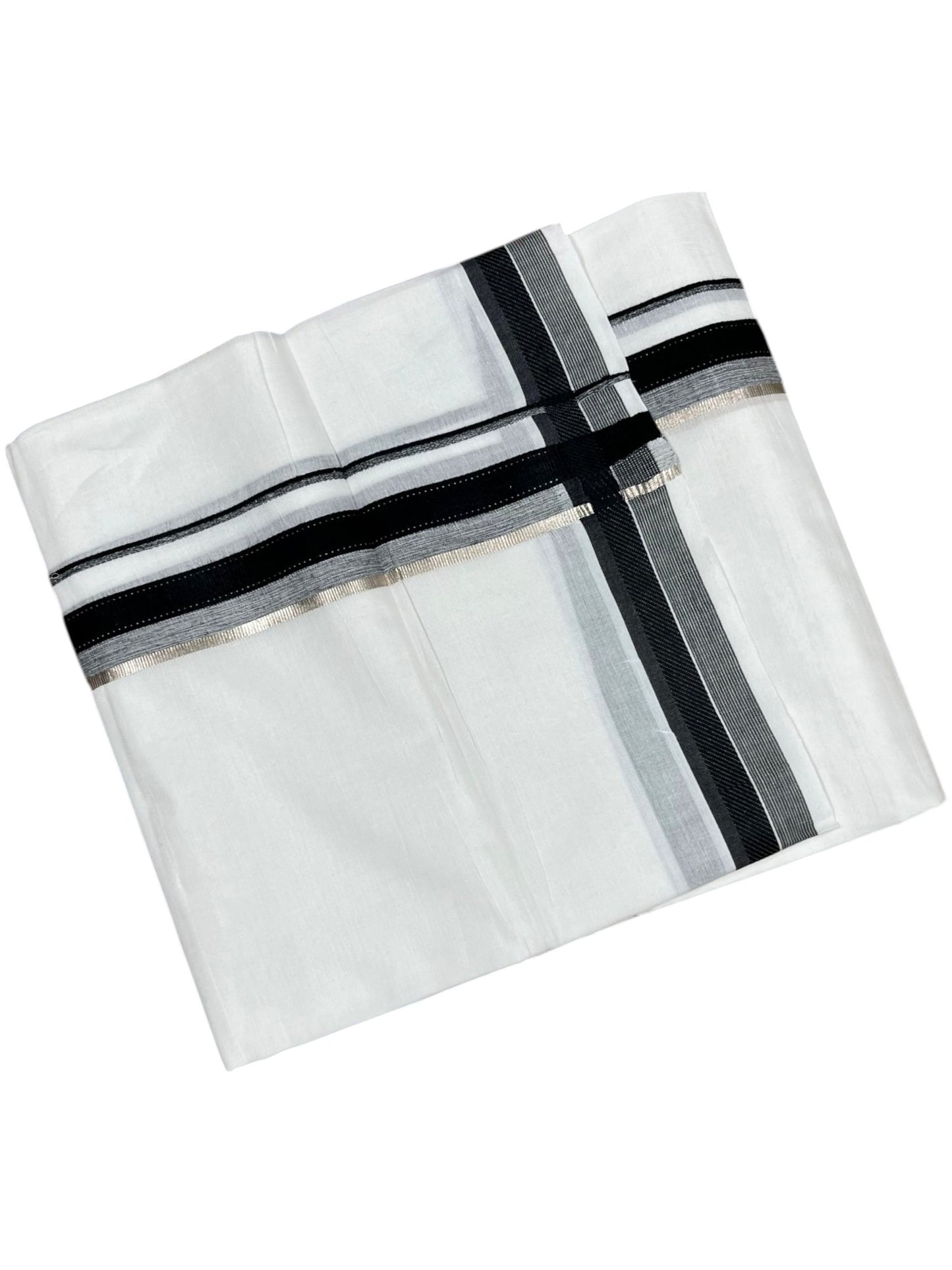 Southloom Pure White Cotton Mundu with Silver Line & Black Border (South Indian Kerala Dhoti)