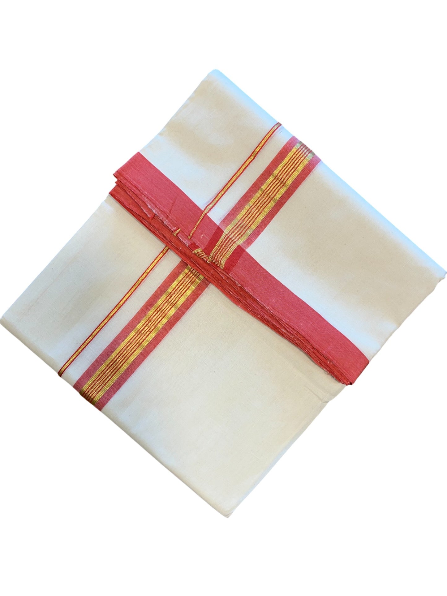Southloom Premium Handloom Cotton Double Mundu with Gold and Red Border