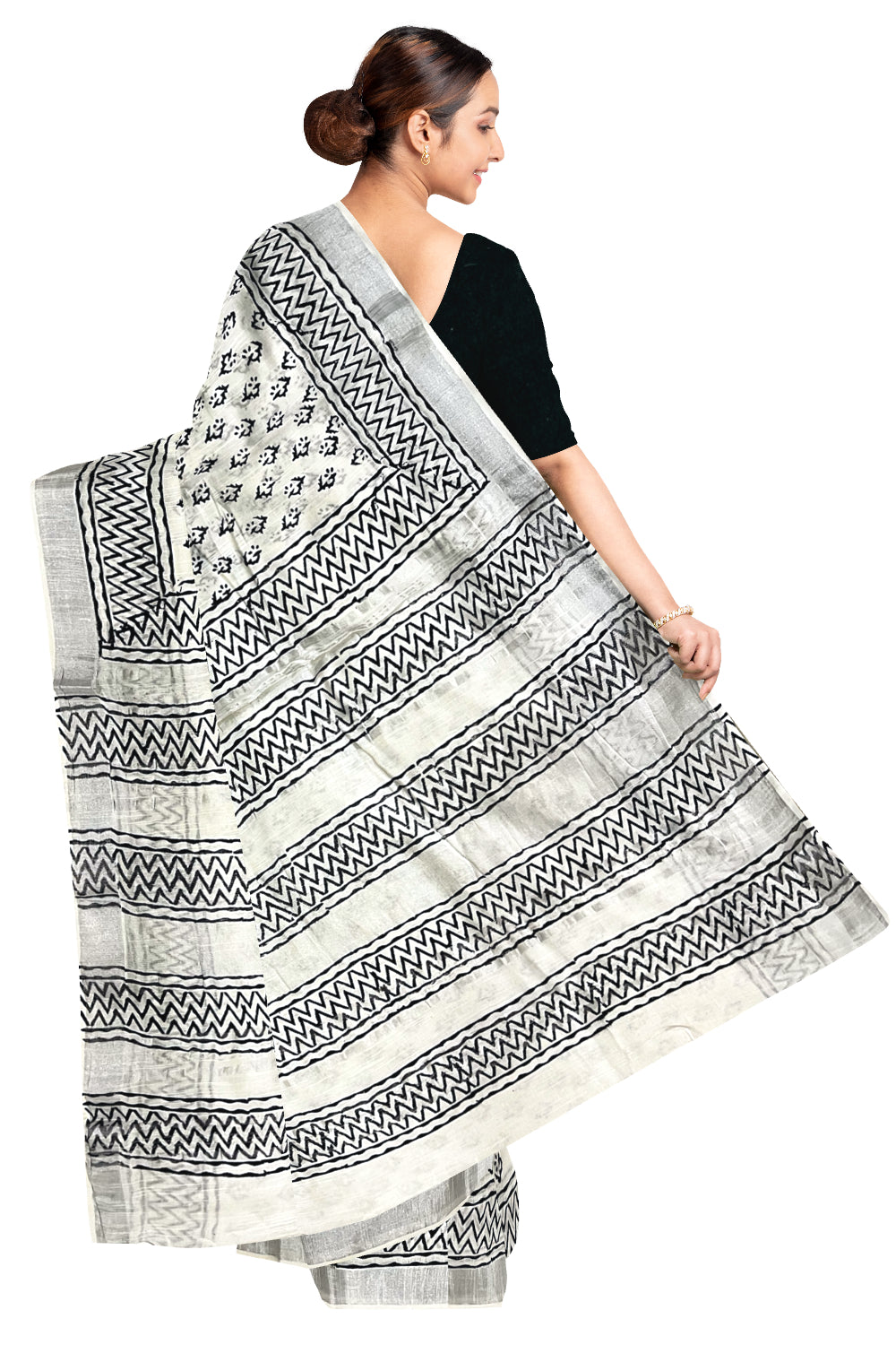 Southloom Linen Pure White Designer Saree with Black Prints and Tassels