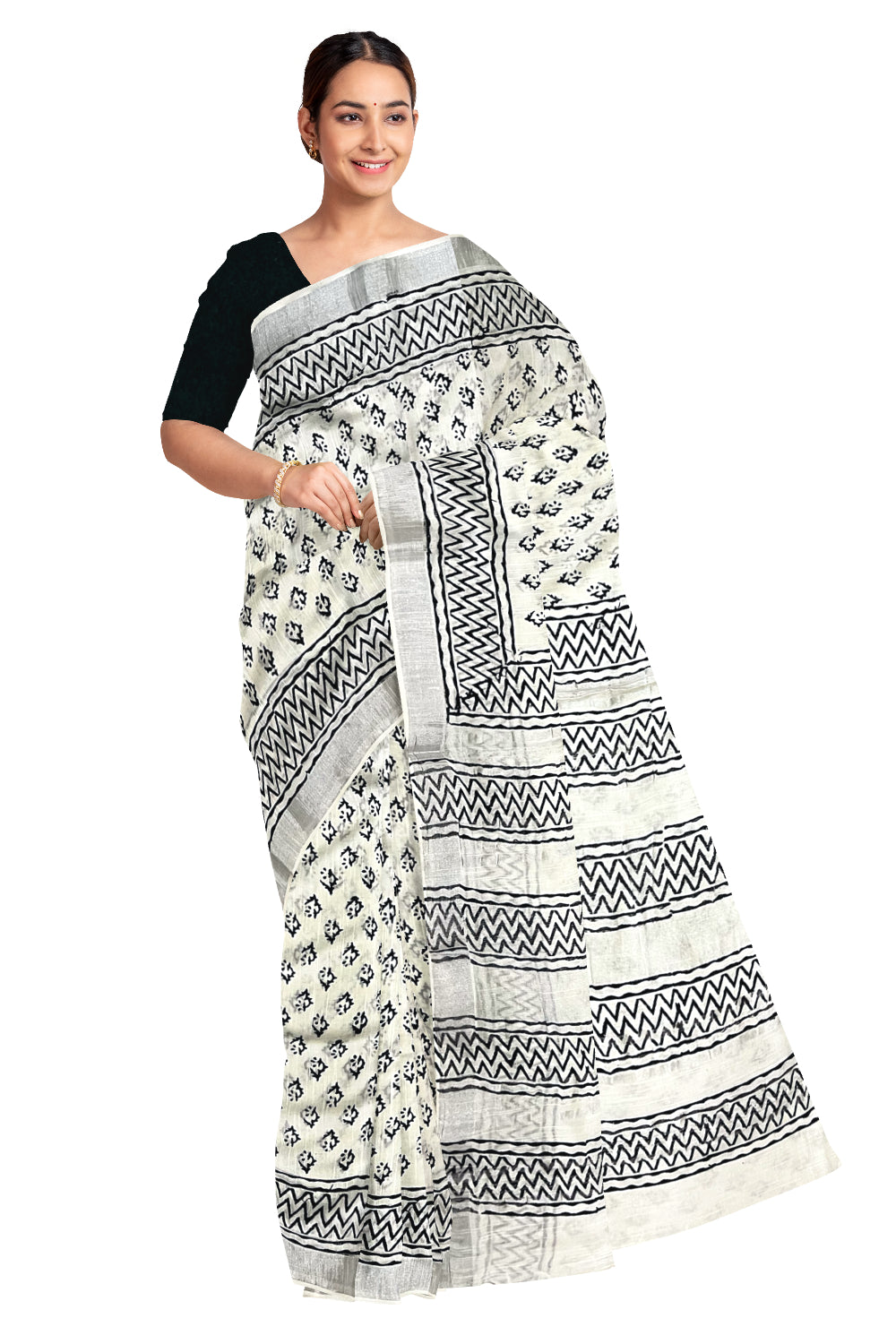 Southloom Linen Pure White Designer Saree with Black Prints and Tassels