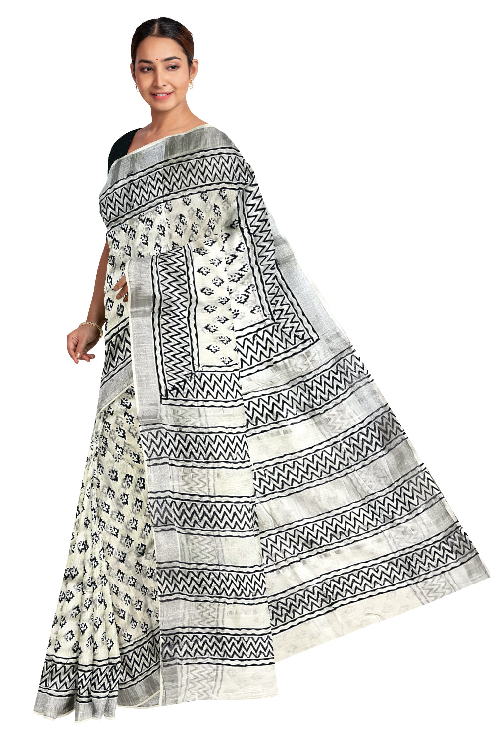 Southloom Linen Pure White Designer Saree with Black Prints and Tassels