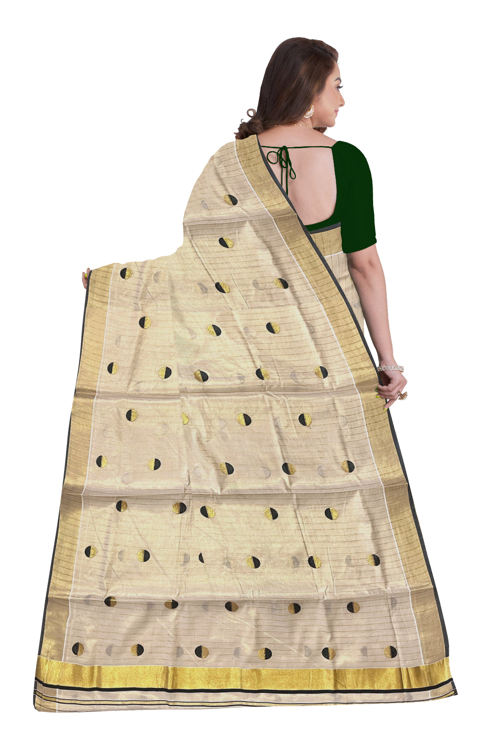 Kerala Tissue Kasavu Saree with Kasavu Lines Across Body and Dark Green Semi Polka Woven Designs