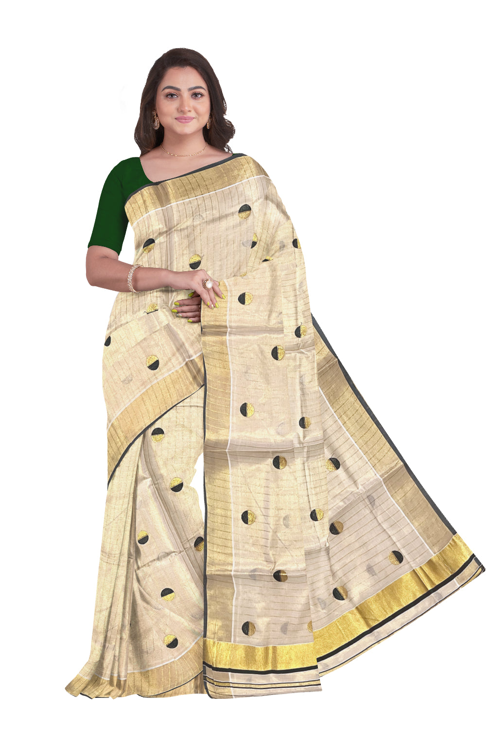 Kerala Tissue Kasavu Saree with Kasavu Lines Across Body and Dark Green Semi Polka Woven Designs