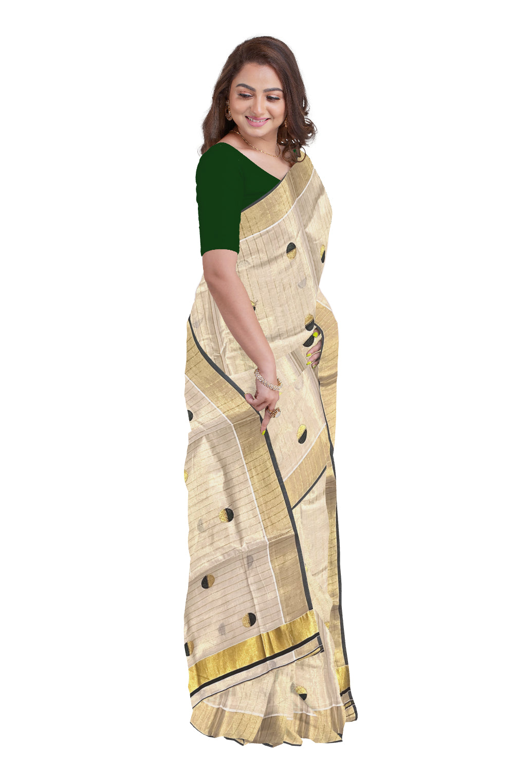 Kerala Tissue Kasavu Saree with Kasavu Lines Across Body and Dark Green Semi Polka Woven Designs