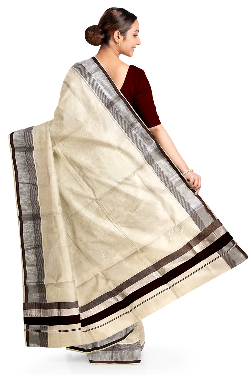 Kerala Pure Cotton Plain Saree with Silver Kasavu and Brown Border