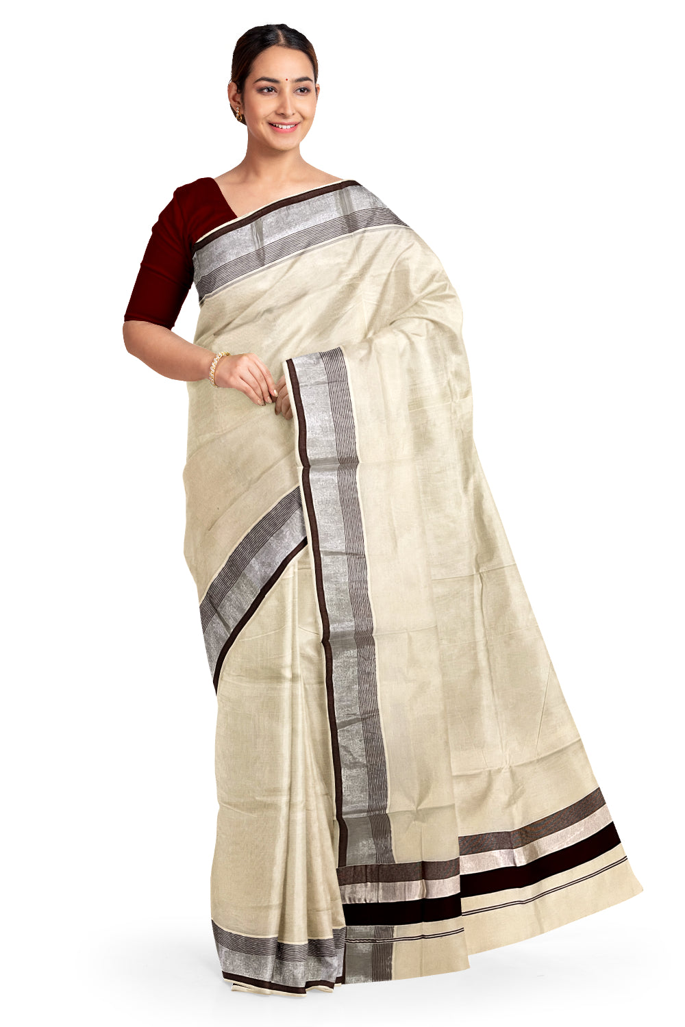 Kerala Pure Cotton Plain Saree with Silver Kasavu and Brown Border