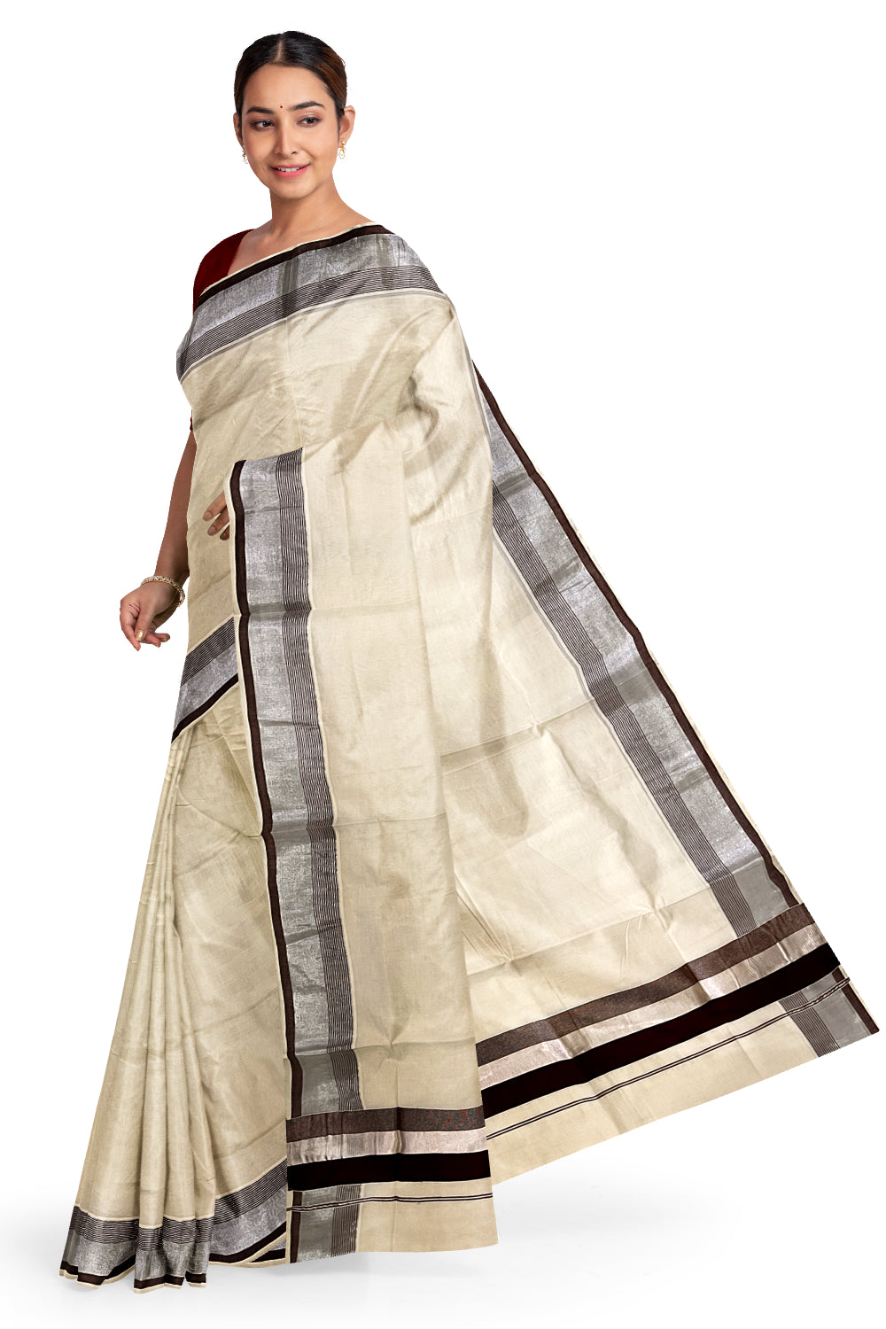 Kerala Pure Cotton Plain Saree with Silver Kasavu and Brown Border