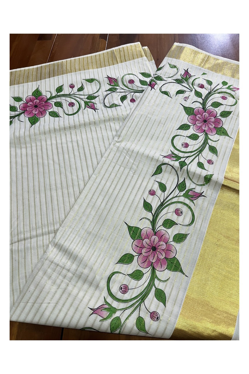 Pure Cotton Kerala Kasavu Lines Design and Pink Floral Block Printed Saree