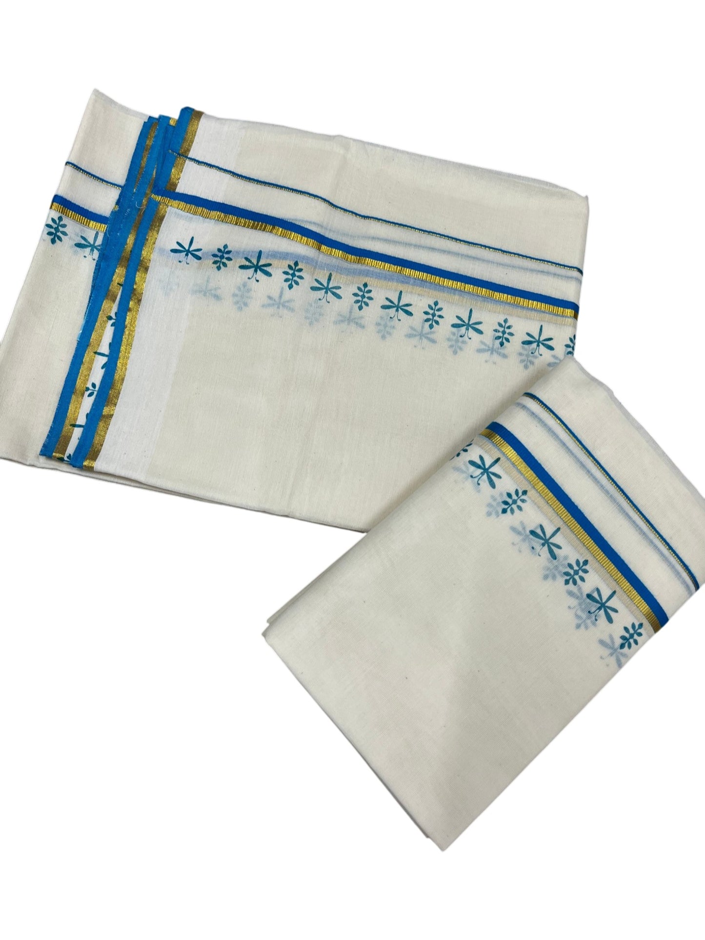 Southloom Pure Cotton Kerala Set Mundu (Mundum Neriyathum) Blue Border in 2.80 mtrs