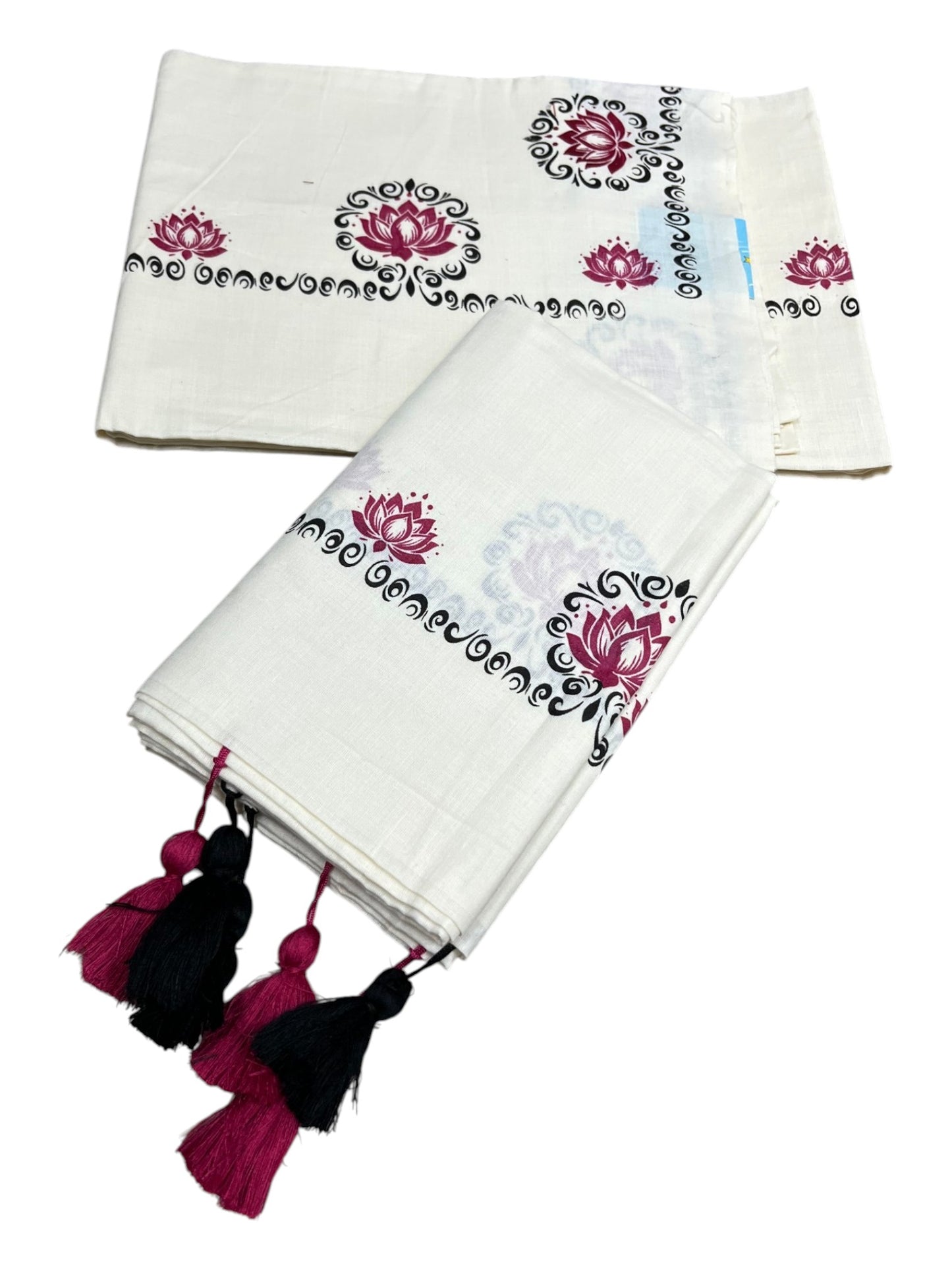 Southloom Kerala Cotton Single Set Mundu (Mundum Neriyathum) with Magenta & Black Lotus Block Printed Design
