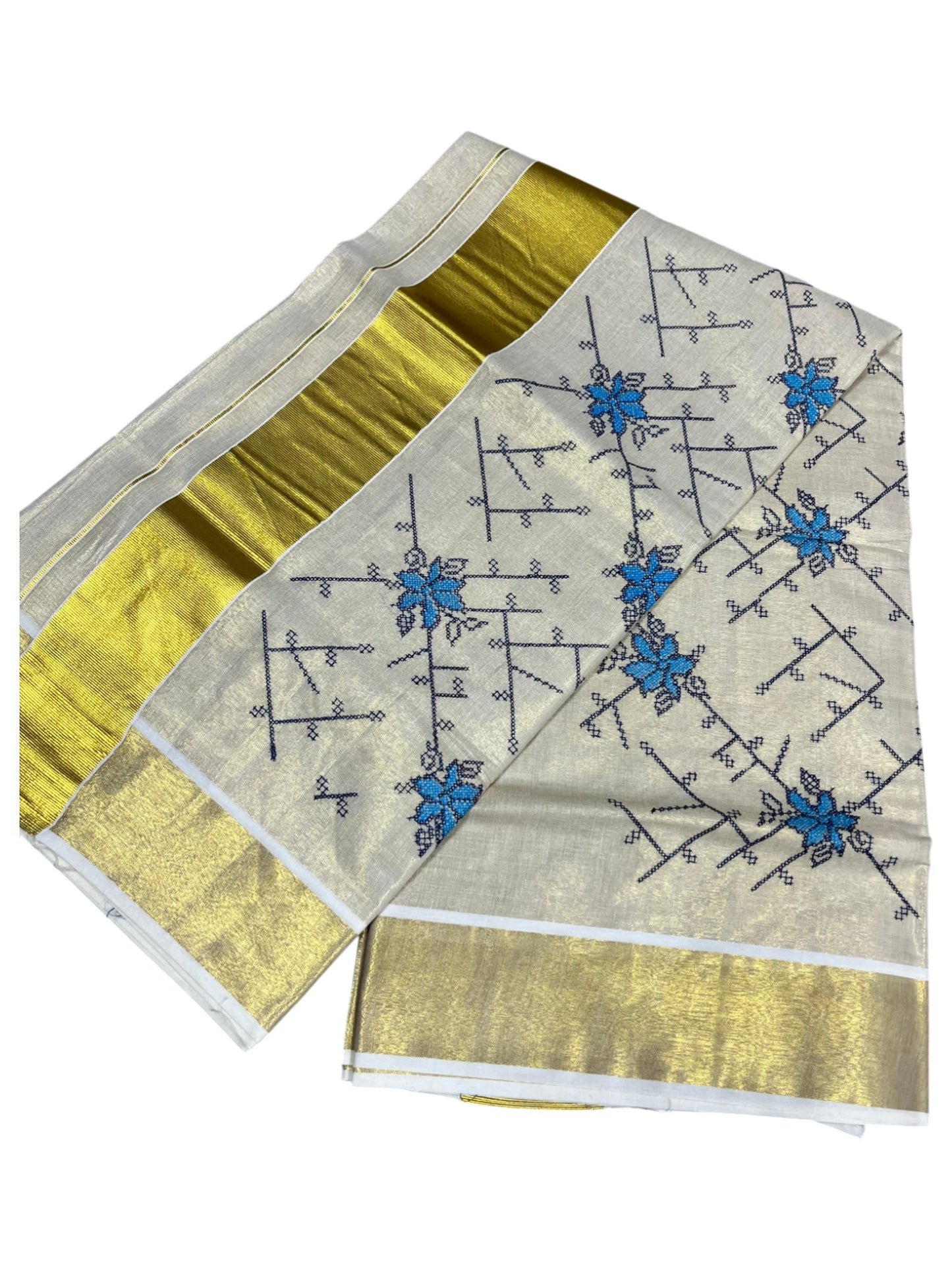 Southloom Tissue Kerala Kasavu Saree with Floral Embroidery Work on Body in Blue