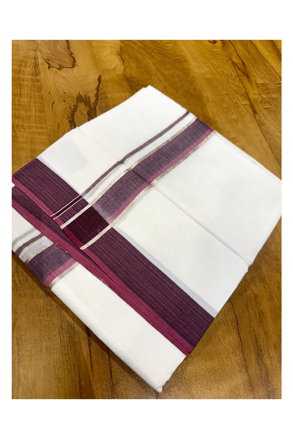 Pure White Cotton Double Mundu with Black Maroon and Silver Kasavu Border (South Indian Kerala Dhoti)